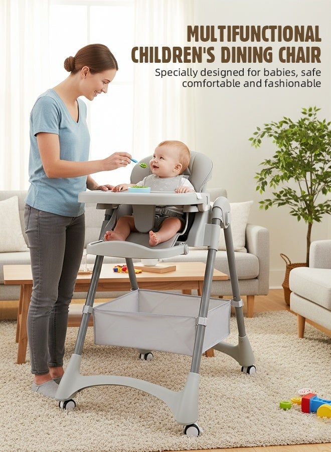 Soft Touch 3-in-1 Baby High Chair, Foldable Toddler Feeding Chair with Removable Soft Cushion and Double Tray, 8 Height Levels, 4 Recline Positions, Baby Dining Chair with Wheels and Storage Basket, Baby Dining Chair for 6–36 Months (Grey) - Image 3